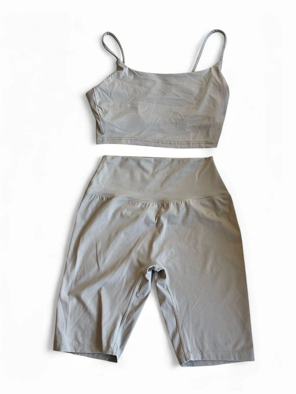 LUXE TO KILL Matching Athletic Set Scoop Neck Crop Top Biker Shorts Taupe XS